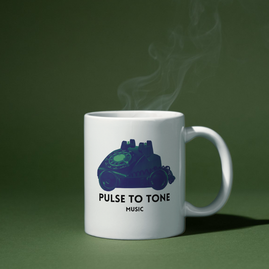 White mug with 'Pulse to Tone Music' logo on a green background